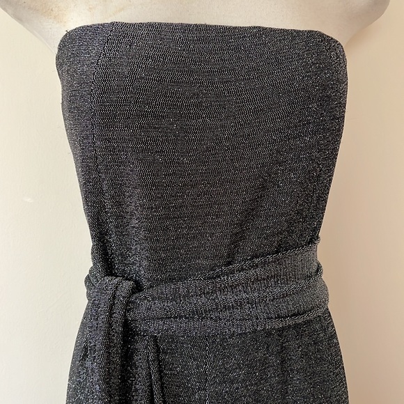 đź’•Strapless Black Silver Metallic Disco Sparkle Strapless Jersey Jumpsuit M EUC - Picture 2 of 8